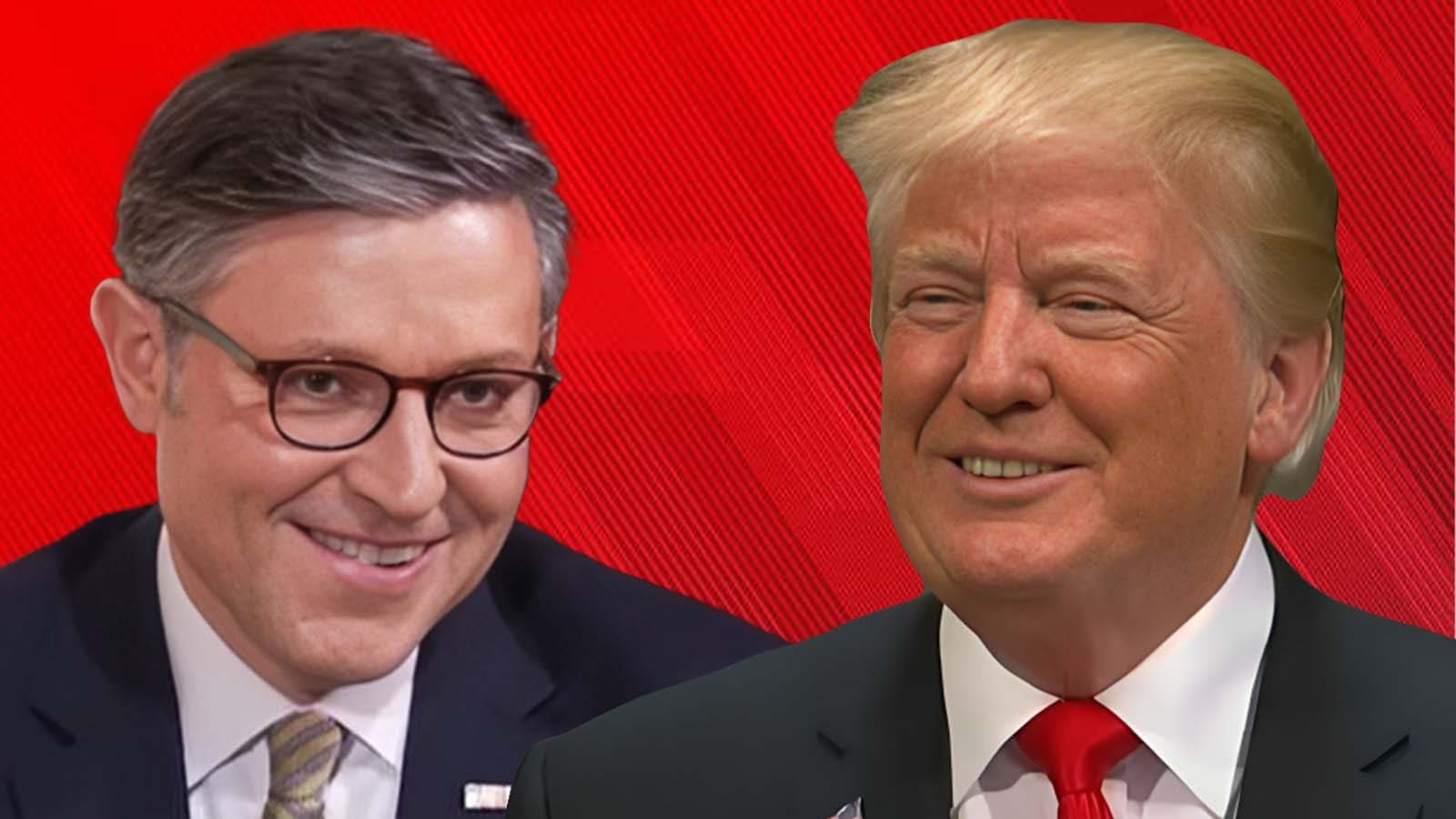 President Trump and Speaker Mike Johnson against a red background