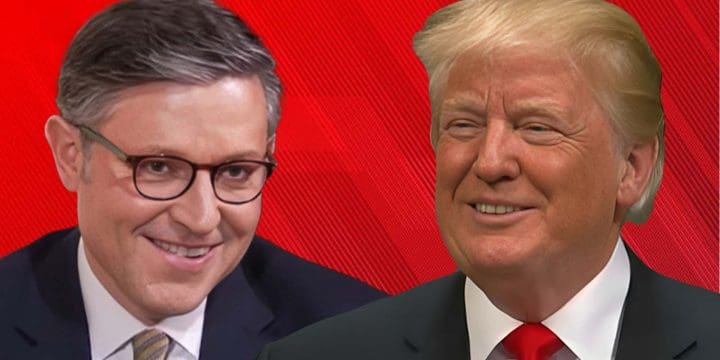 President Trump and Speaker Mike Johnson against a red background