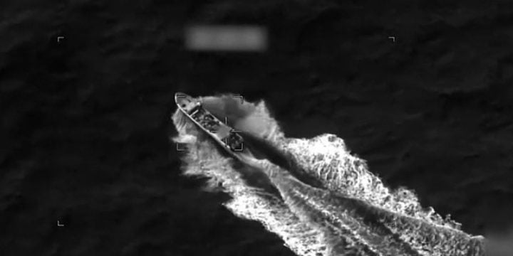U.S. Southern Command surveillance footage shows a suspected narco-trafficking vessel in the Eastern Pacific before an April 26, 2026 strike.