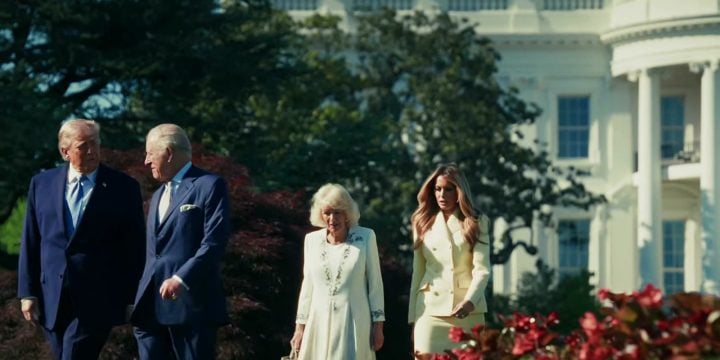 President Trump and King Charles walking near the White House beehive with Queen Camilla and First Lady Melania Trump.