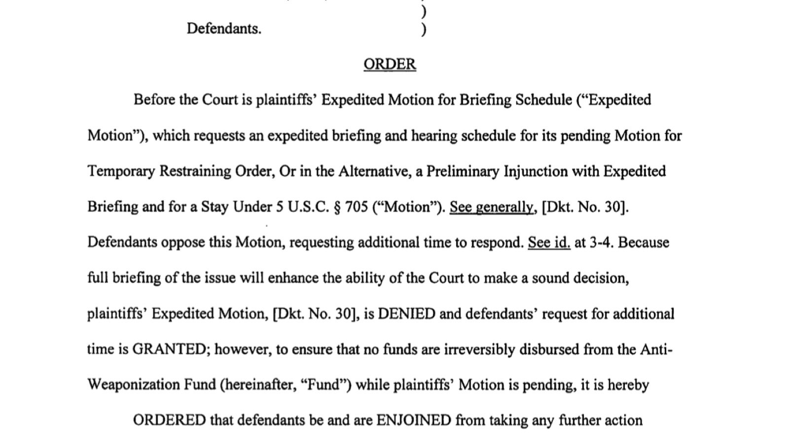 Federal court order temporarily pausing the Anti-Weaponization Fund.