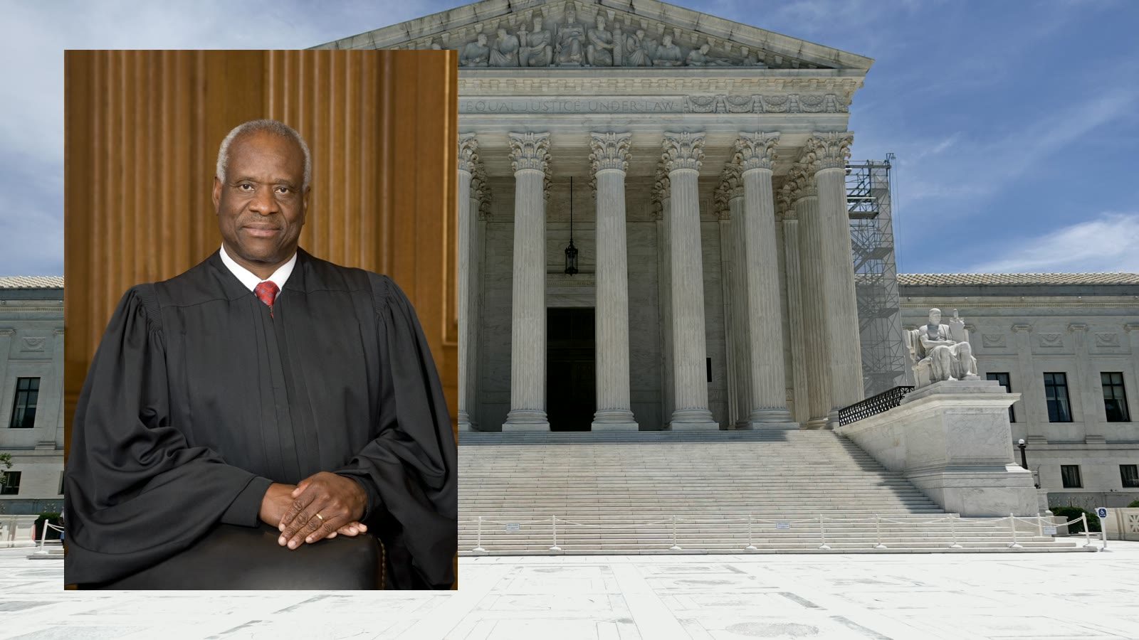 Justice Clarence Thomas with the United States Supreme Court building