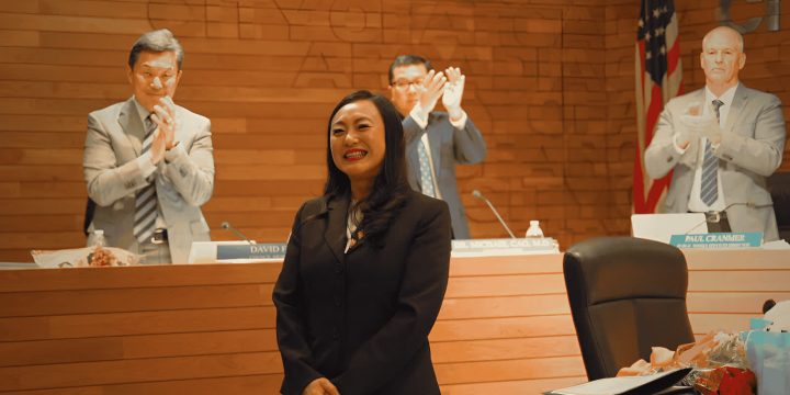 Eileen Wang at an Arcadia City Council ceremony in February 2026.