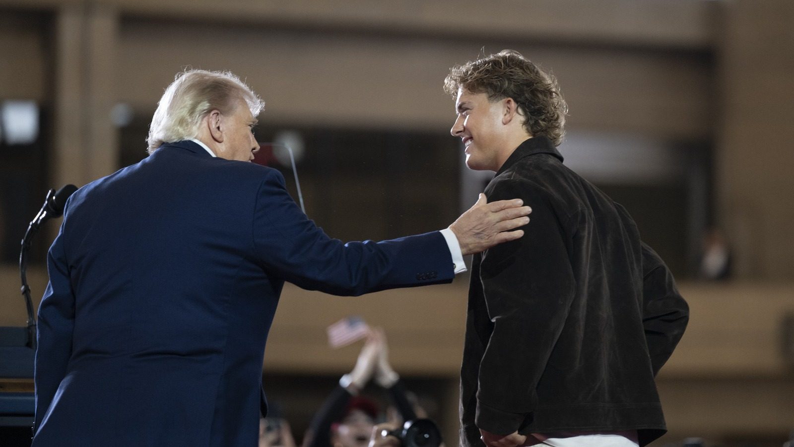 President Trump greets New York Giants quarterback Jaxson Dart at a May 2026 New York event