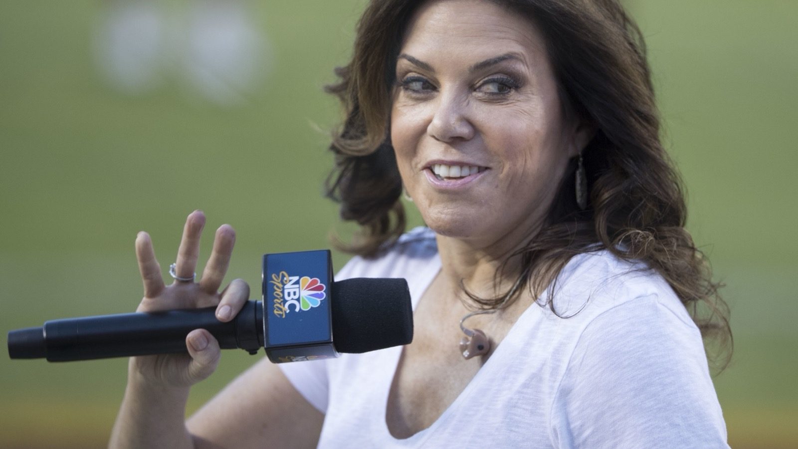 Michele Tafoya reporting from the sideline during a 2017 NFL game