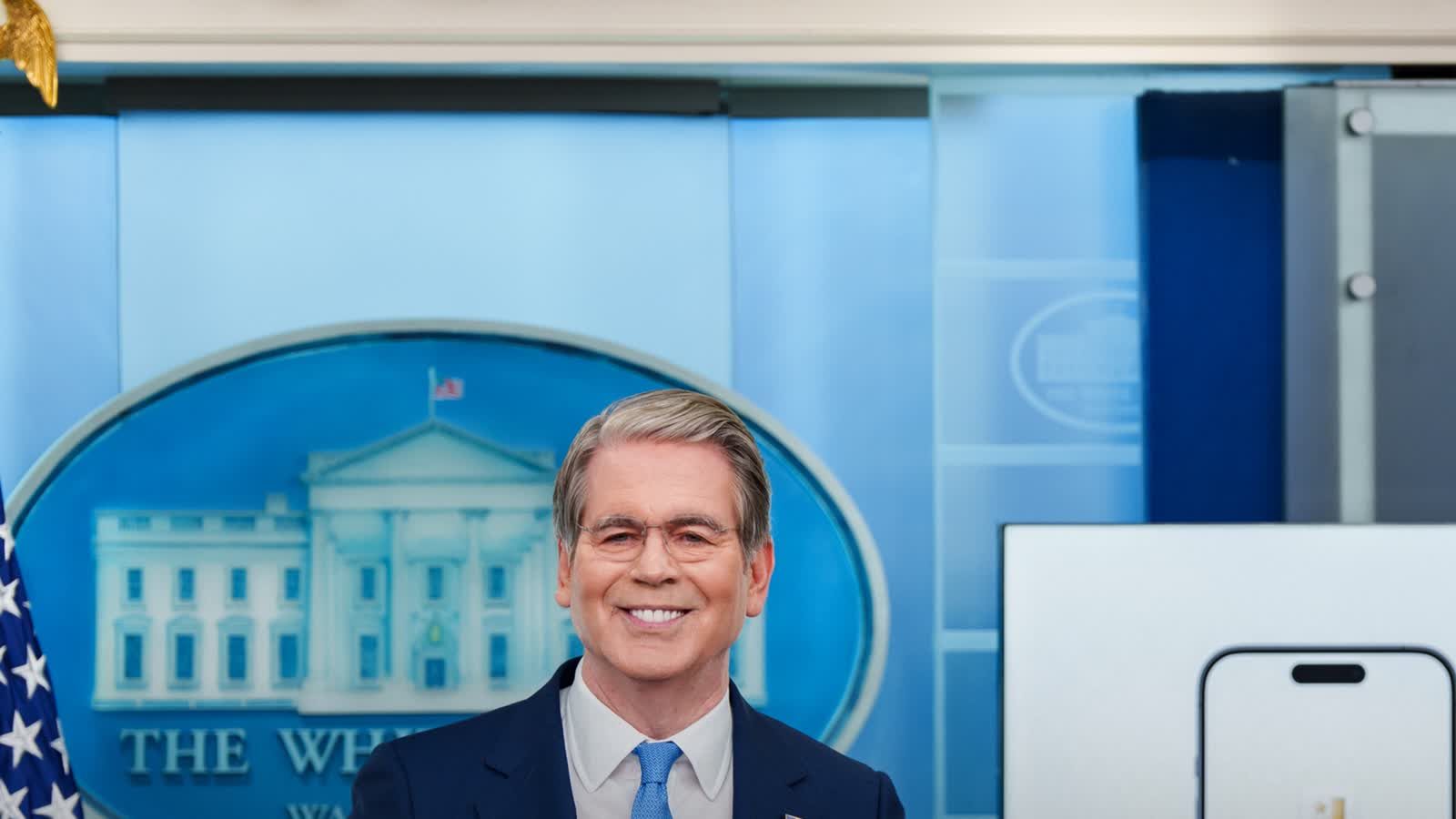 Official White House image of Treasury Secretary Scott Bessent with the Trump Accounts app displayed