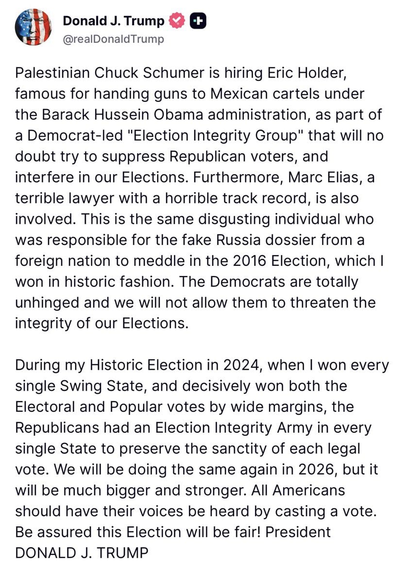 Screenshot of President Trump's May 10, 2026 Truth Social post about a 2026 Election Integrity Army.