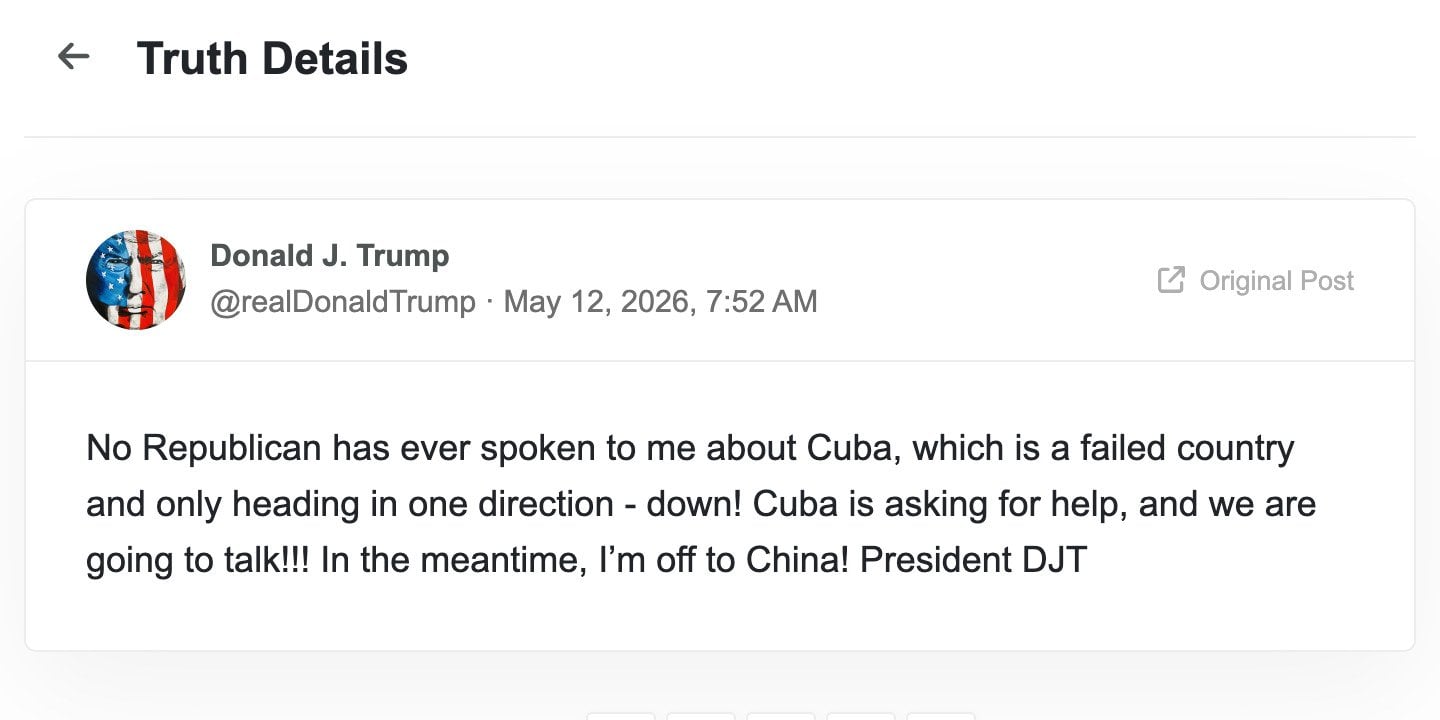Screenshot of President Trump’s May 12, 2026 Truth Social post saying Cuba is asking for help