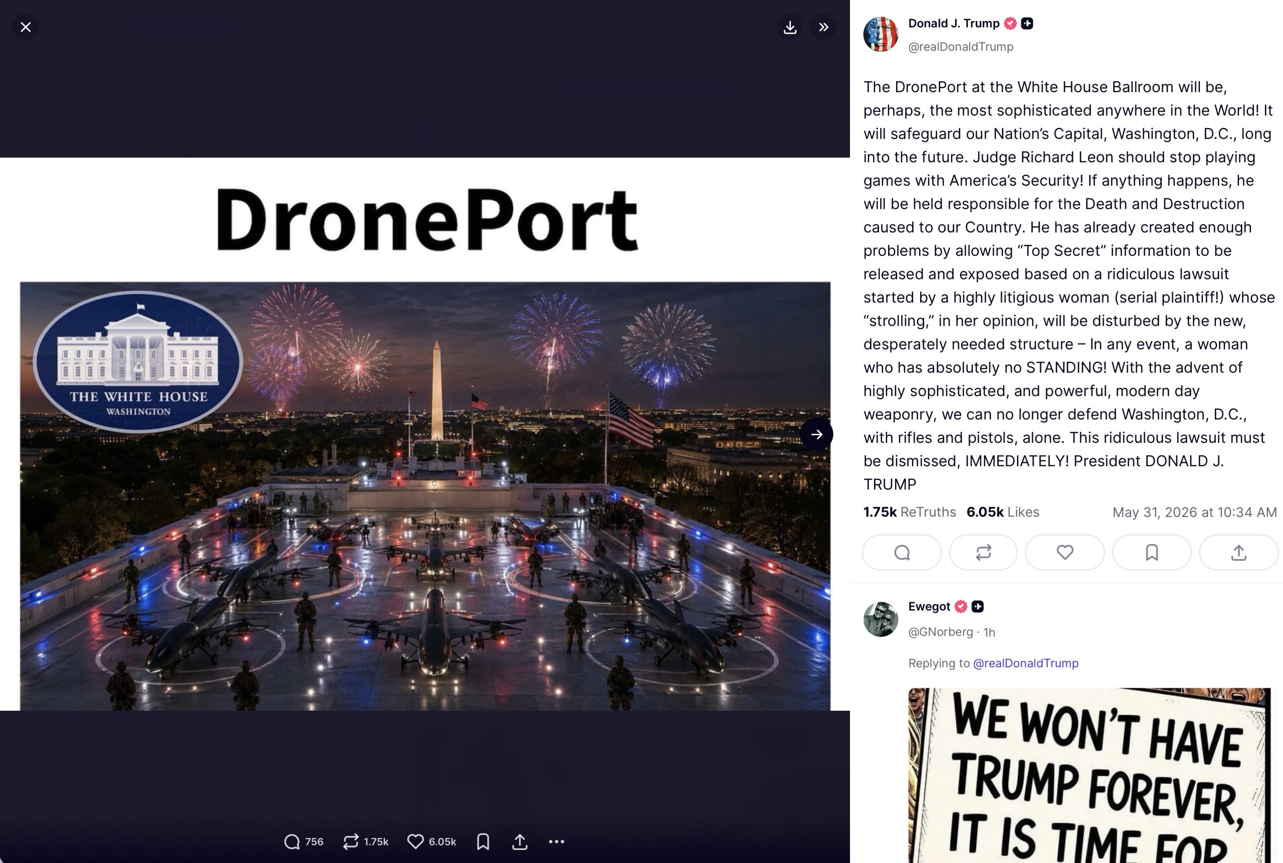 President Trump Truth Social post announcing DronePort for the White House roof