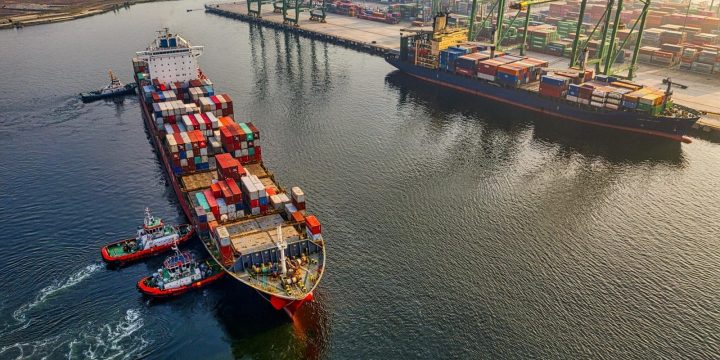 Container ships and cargo cranes at a port representing U.S. export activity
