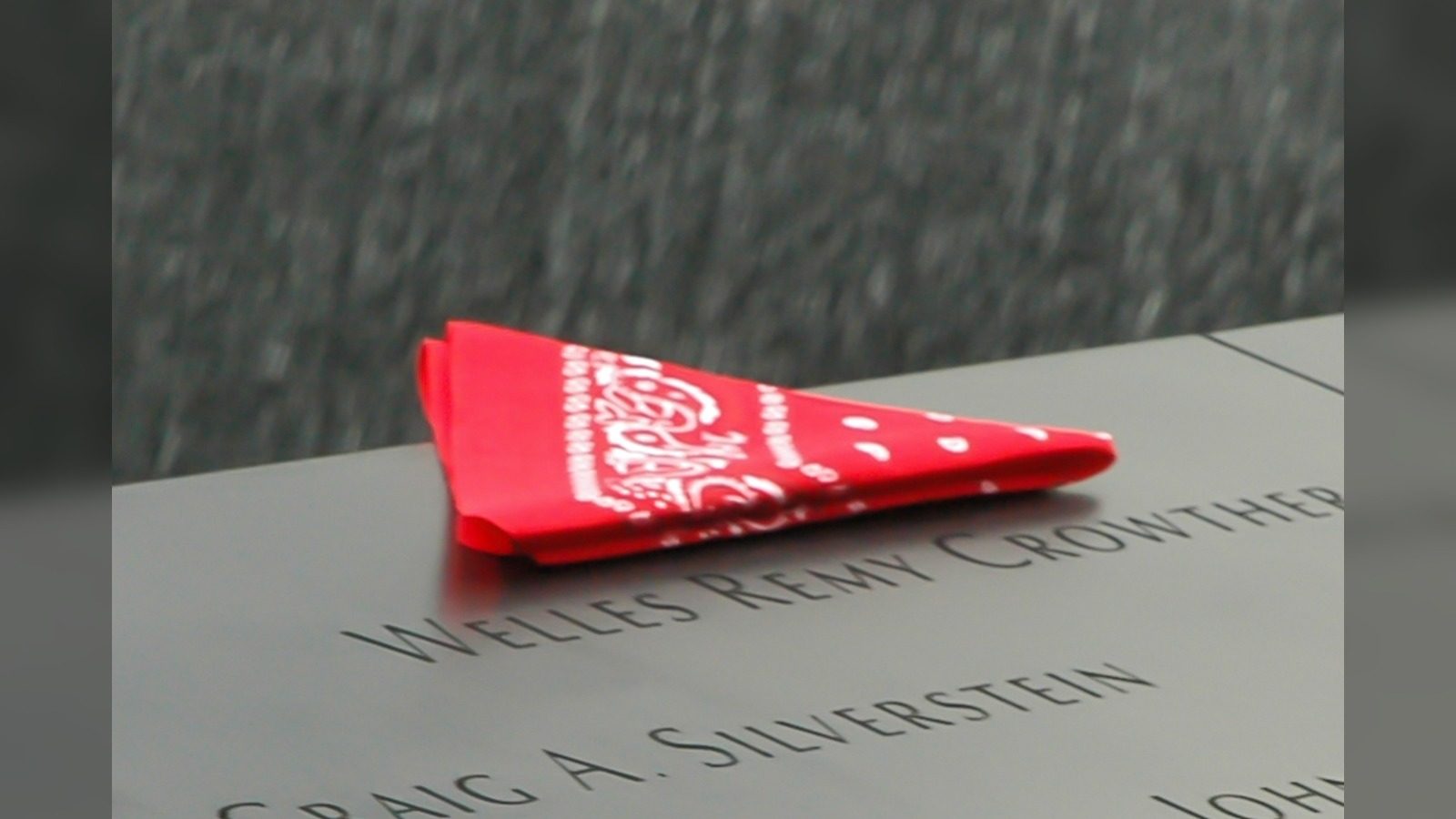 Red bandana at the 9/11 Memorial honoring Welles Crowther