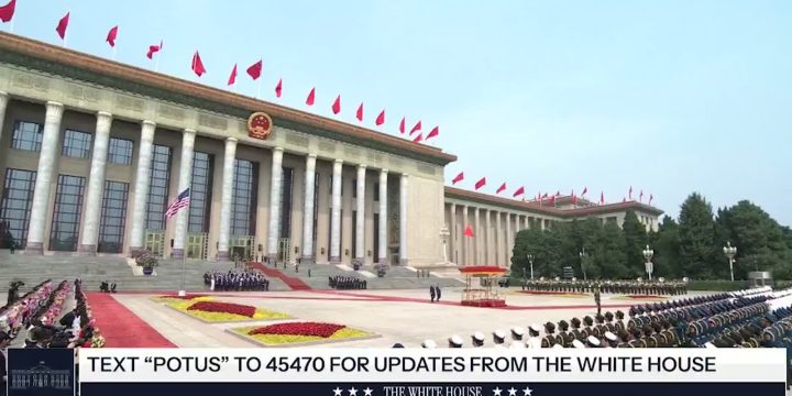 President Trump and President Xi during the Beijing welcome ceremony as the Star-Spangled Banner played.