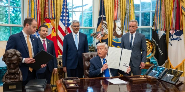 President Trump signs health executive orders with RFK Jr and Jay Bhattacharya in the Oval Office