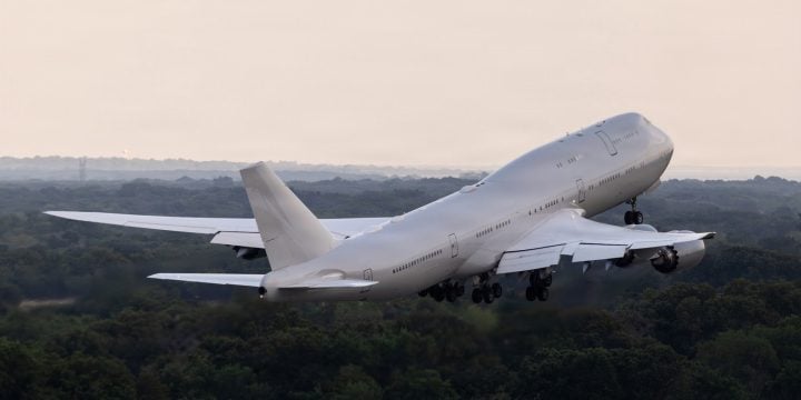 VC-25B Bridge aircraft taking off during flight testing