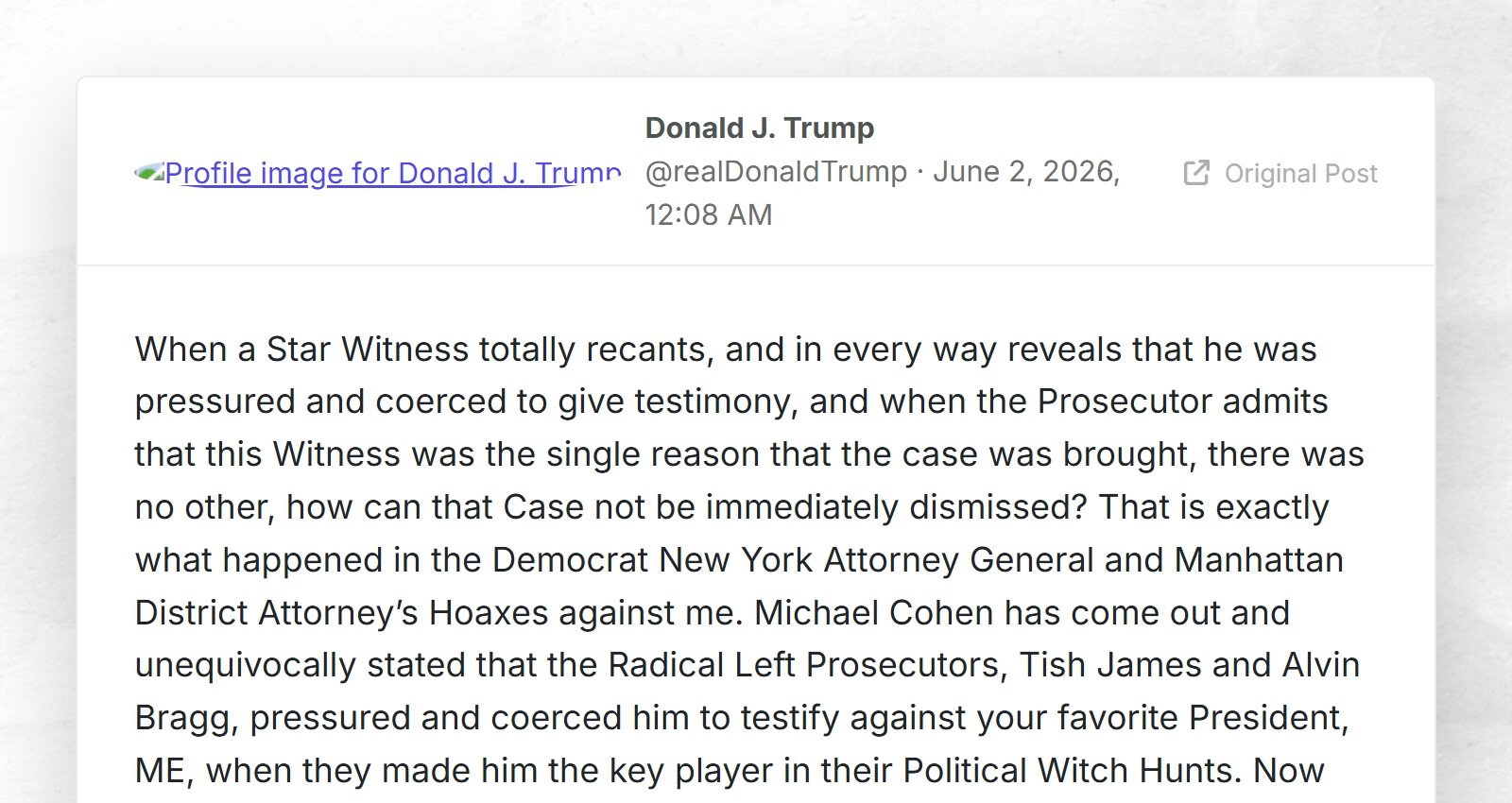 Screenshot of President Trump's Truth Social post demanding dismissal of the New York cases