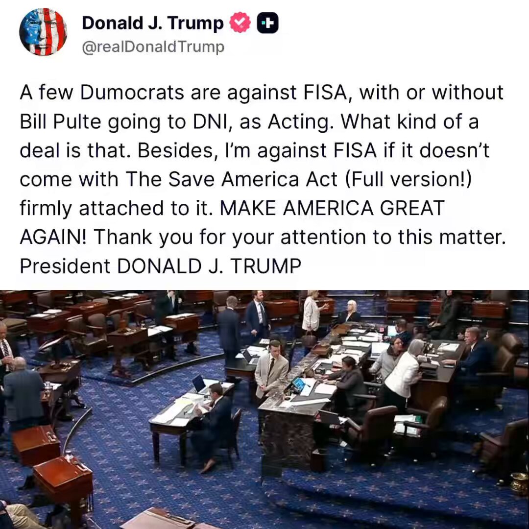 Screenshot of President Trump's Truth Social post about FISA and the SAVE America Act