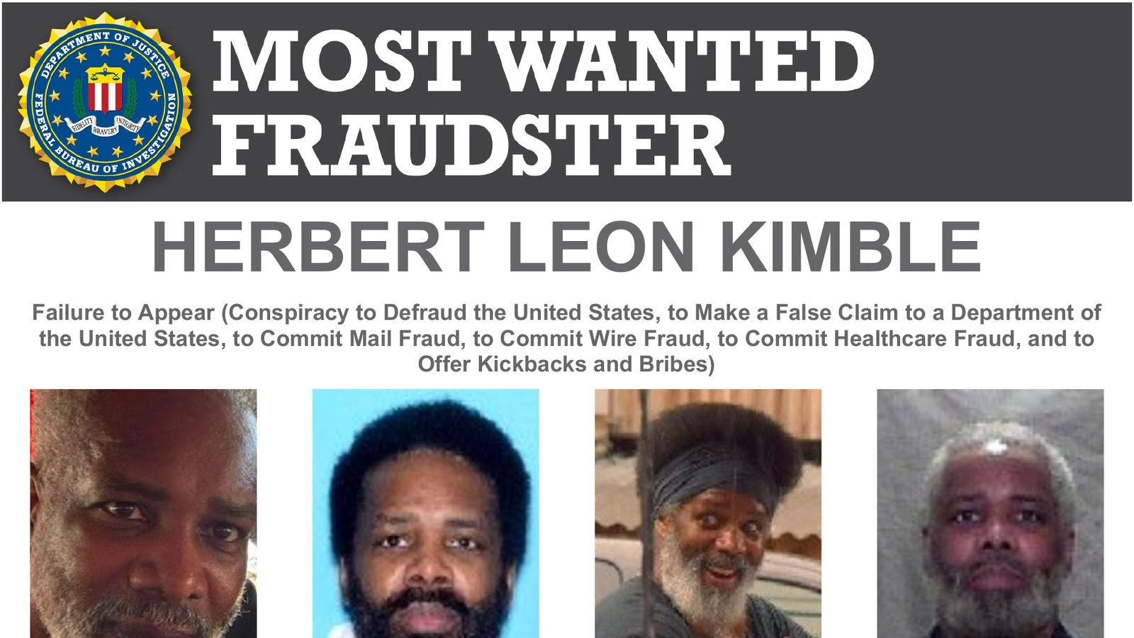 Official image from FBI Most Wanted Fraudster poster for Herbert Leon Kimble
