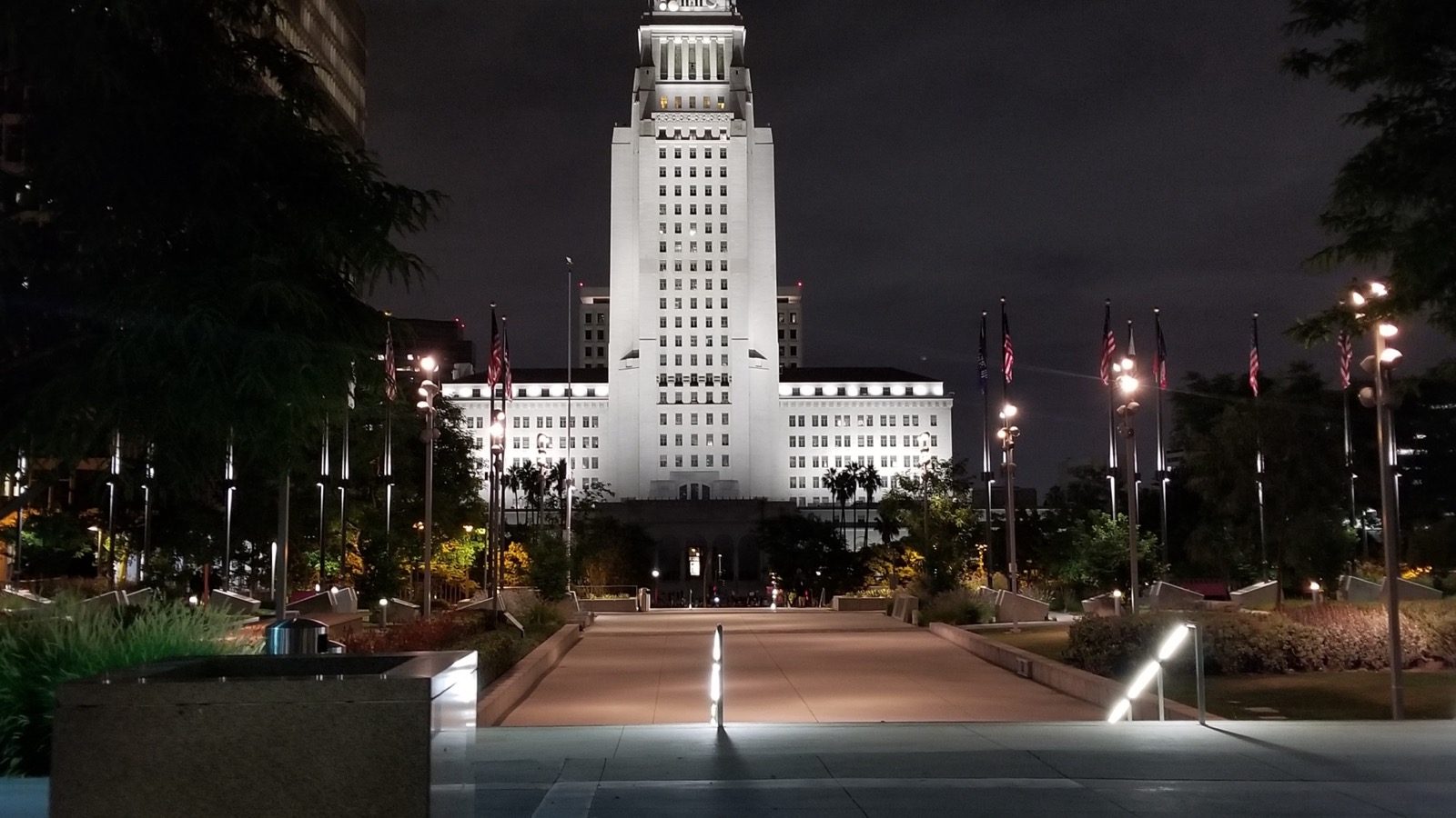 Los Angeles City Hall at night viewed from Grand Park