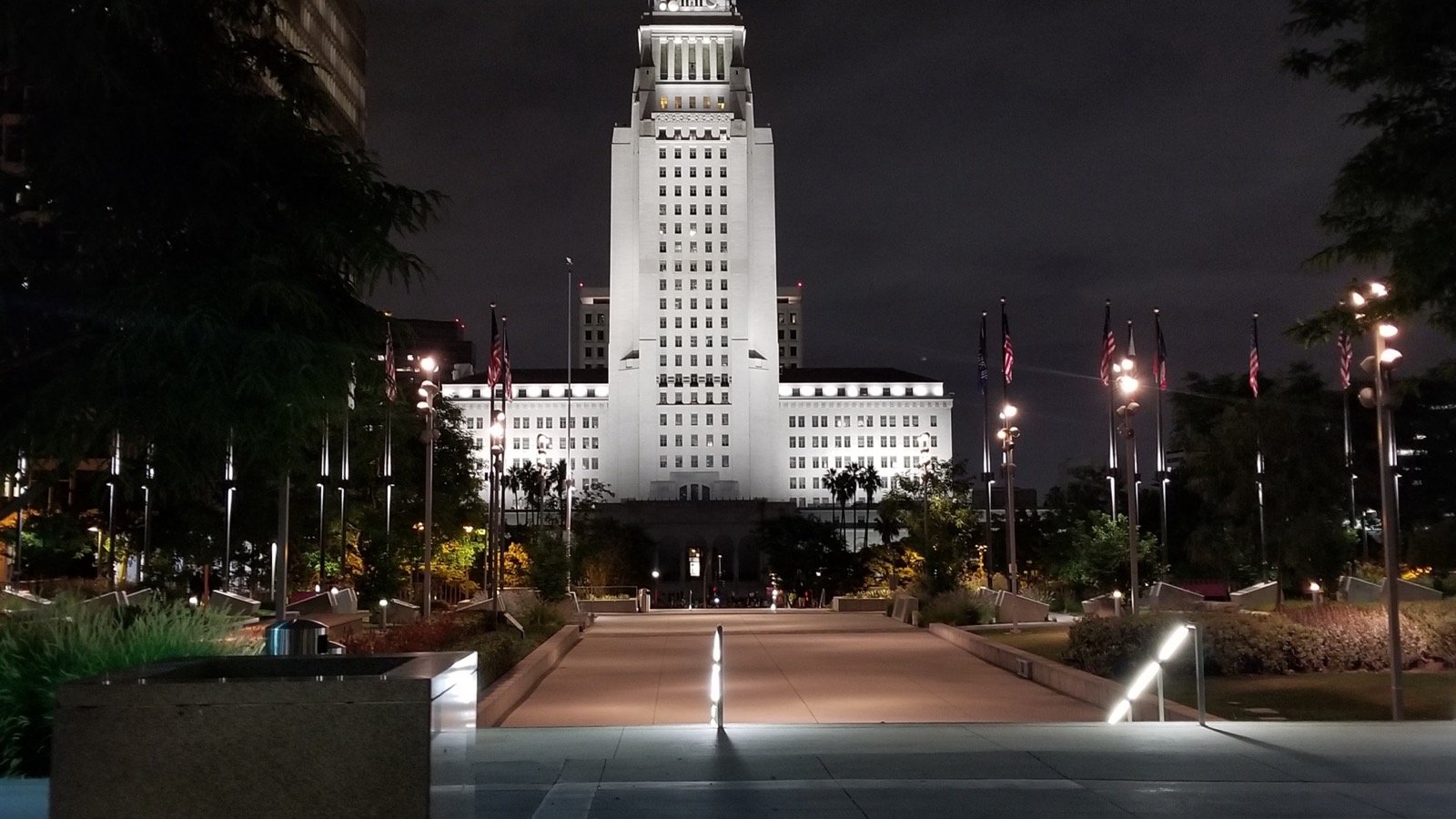 Los Angeles City Hall at night viewed from Grand Park
