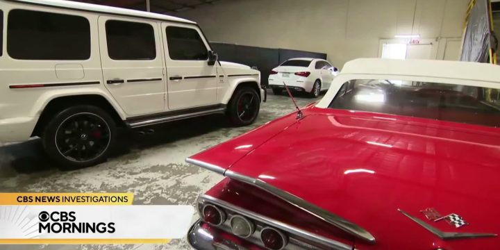CBS News video still showing luxury vehicles tied to the Paul Randall Medi-Cal fraud investigation