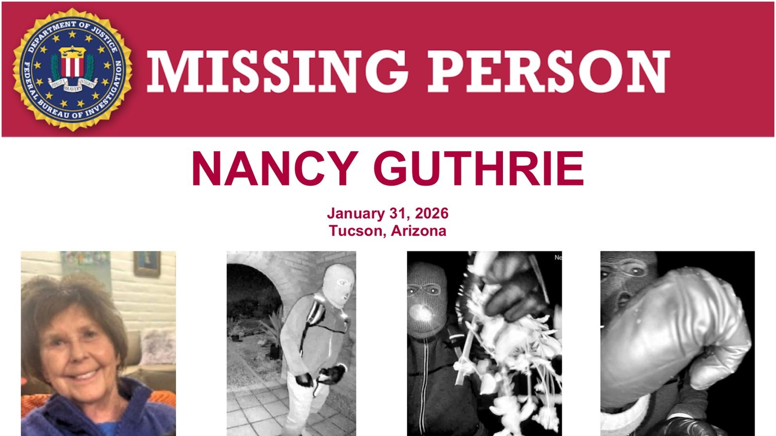 Official public domain FBI image from the Nancy Guthrie missing person poster showing Nancy Guthrie and unknown individual images.