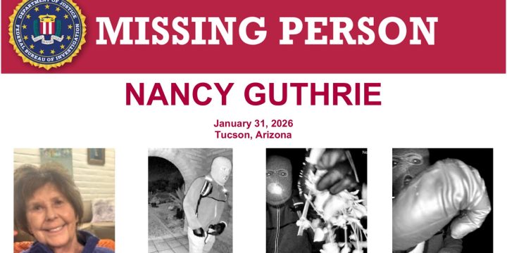 Official public domain FBI image from the Nancy Guthrie missing person poster showing Nancy Guthrie and unknown individual images.