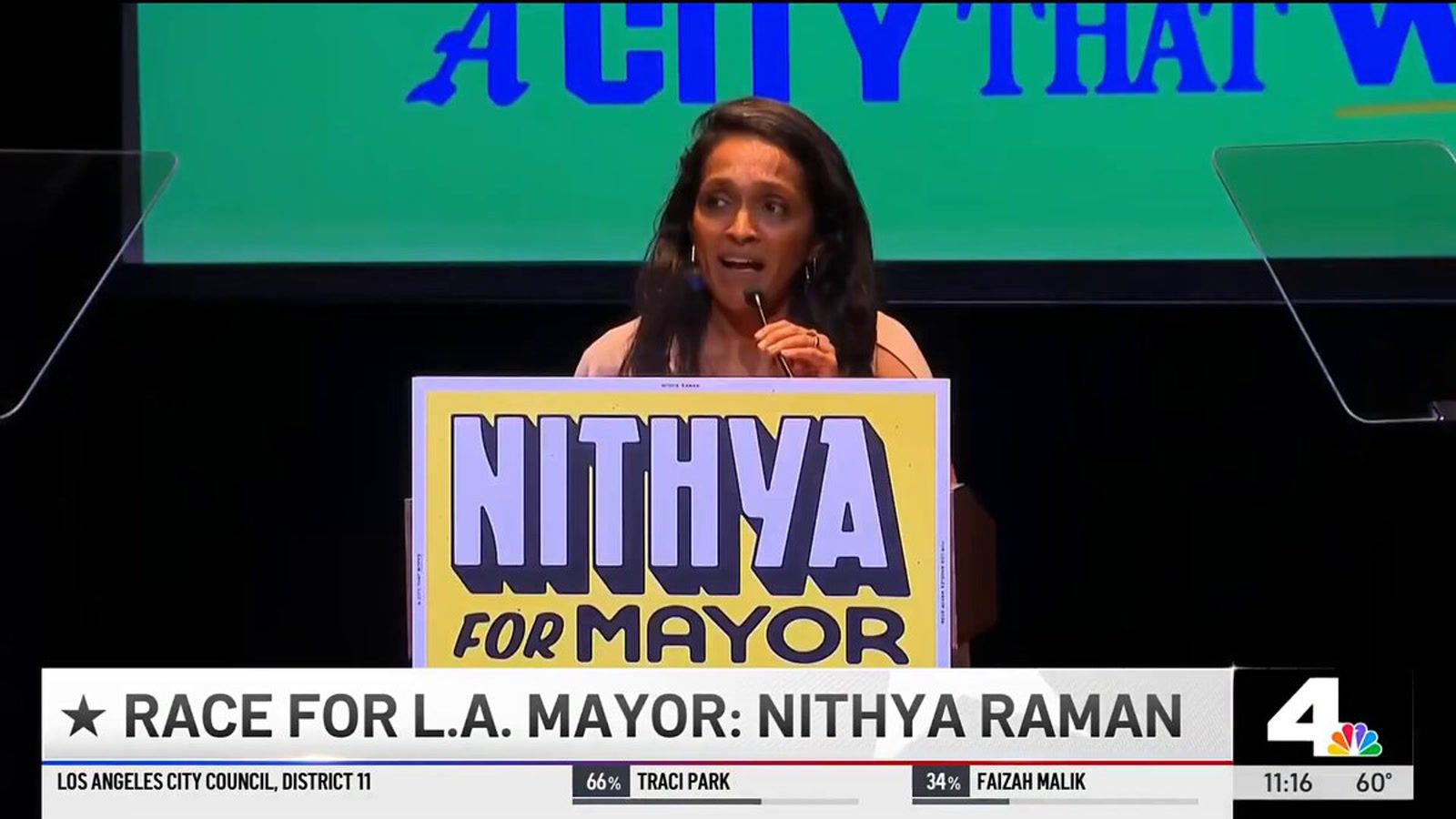 Nithya Raman speaking at an election night event during the Los Angeles mayoral race