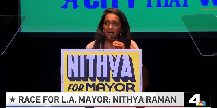 Nithya Raman speaking at an election night event during the Los Angeles mayoral race