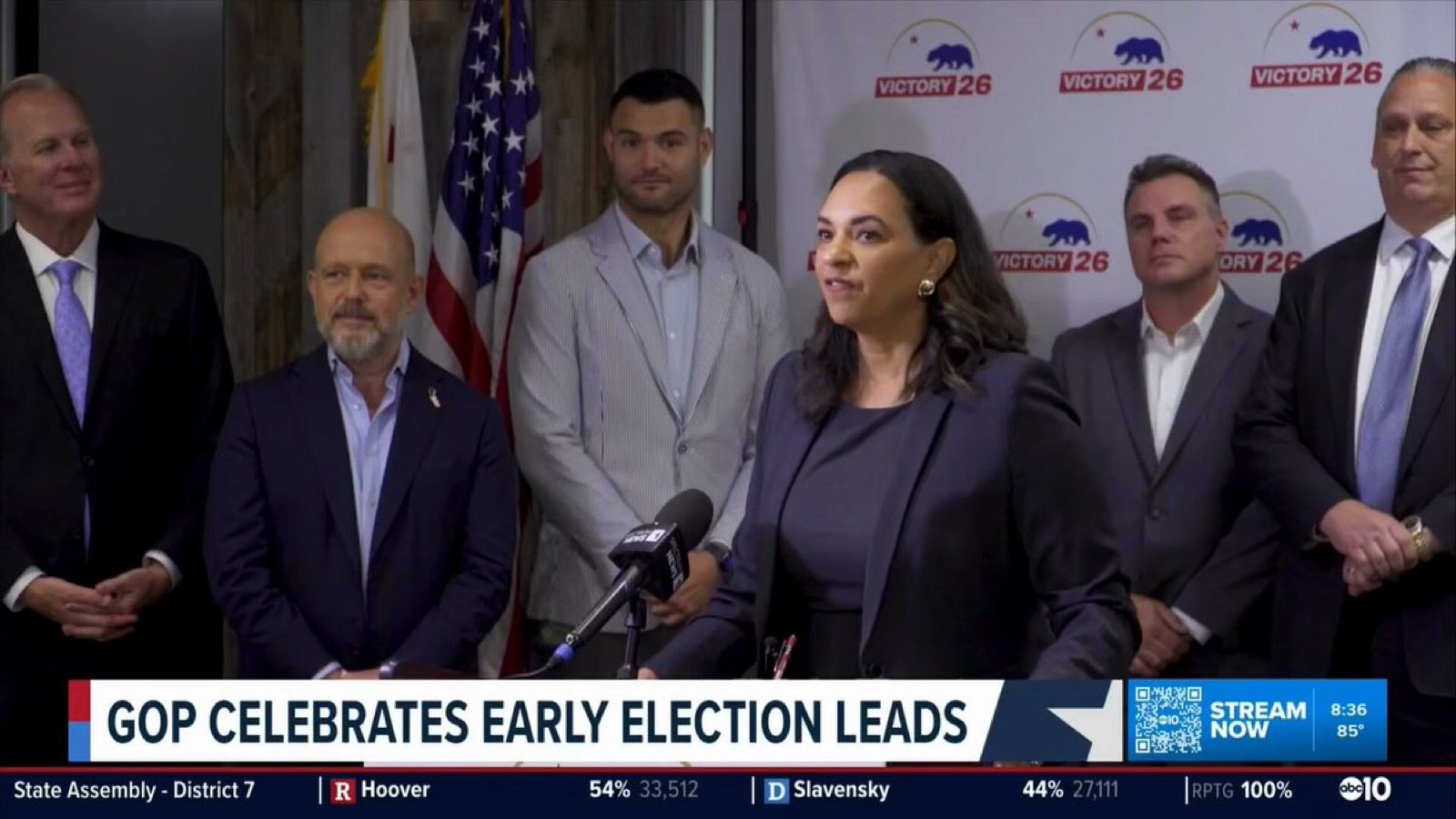 Official CAGOP video frame showing the Victory 26 launch event and early election lead coverage