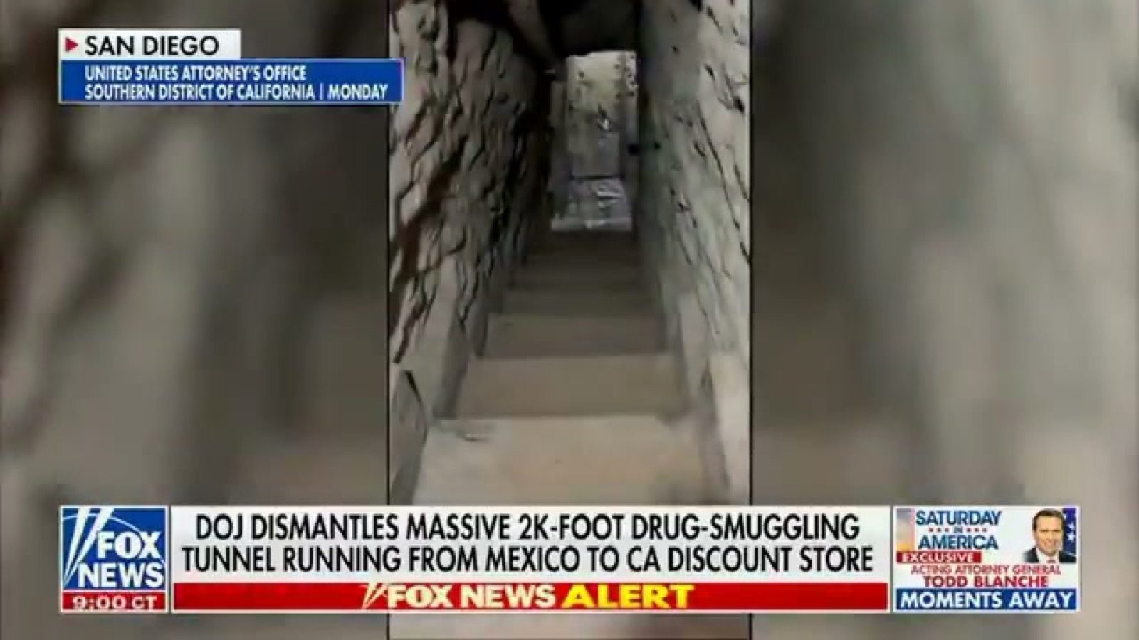 Official DHS video frame showing the cross-border cartel drug tunnel announced by federal prosecutors in San Diego