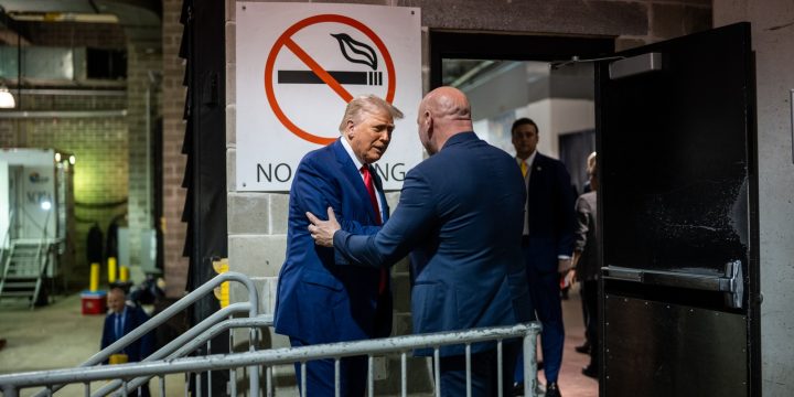 President Trump greets Dana White backstage at UFC 316