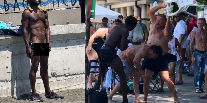 Censored still showing a public beach confrontation in Genoa.