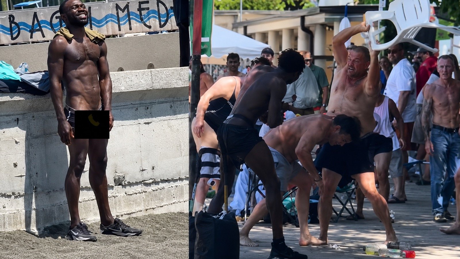 Censored still showing a public beach confrontation in Genoa.
