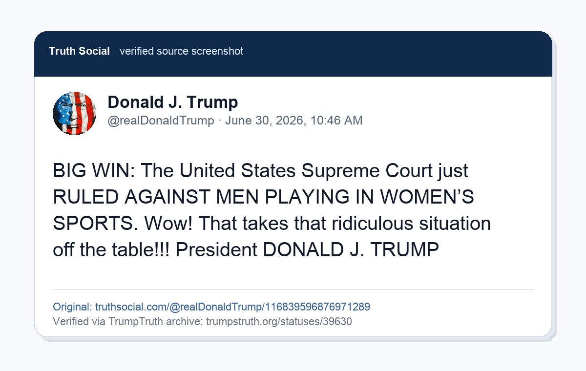 Readable source screenshot of President Trump's Truth Social post on the Supreme Court women's sports ruling