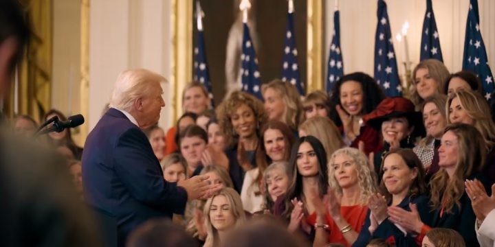 Official video still of President Trump at the No Men in Women's Sports executive order event
