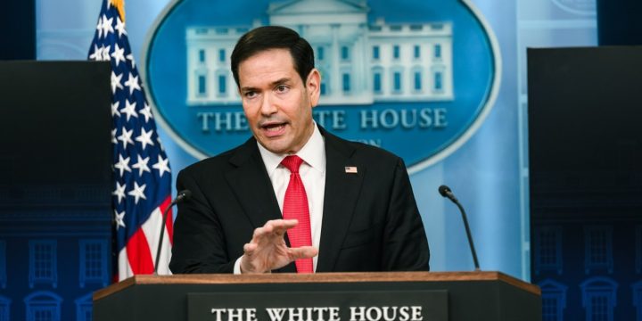 Secretary of State Marco Rubio delivering remarks at the White House press briefing room