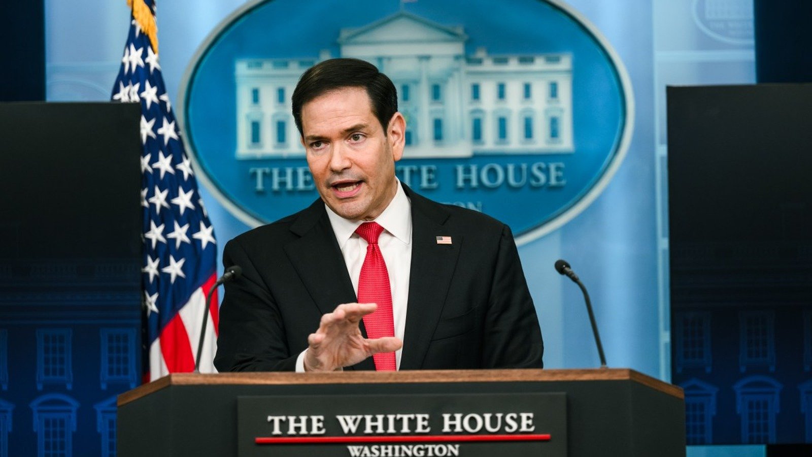 Secretary of State Marco Rubio delivering remarks at the White House press briefing room
