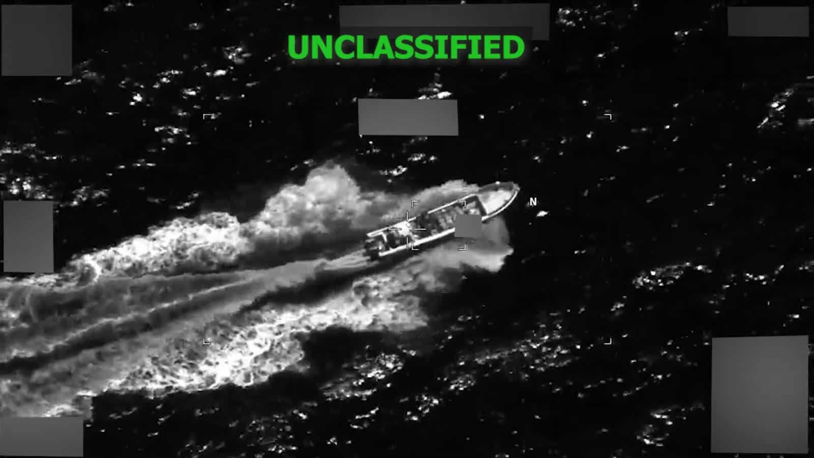 Official U.S. Southern Command video still of a narco-trafficking vessel in the Eastern Pacific before a June 3, 2026 strike.