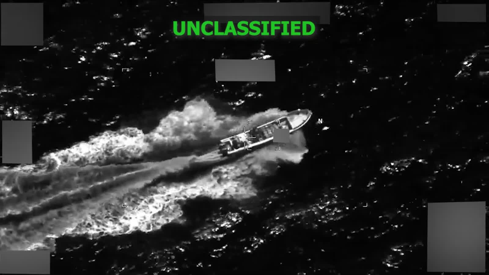 Official U.S. Southern Command video still of a narco-trafficking vessel in the Eastern Pacific before a June 3, 2026 strike.