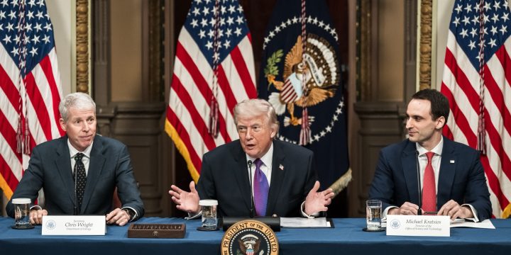 President Trump speaks at a White House AI and ratepayer roundtable with Chris Wright and Michael Kratsios.