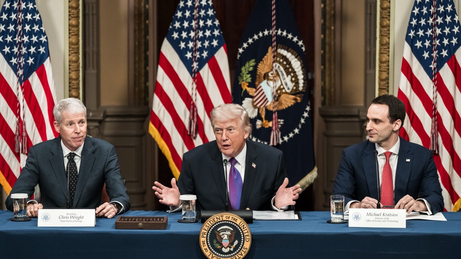 President Trump speaks at a White House AI and ratepayer roundtable with Chris Wright and Michael Kratsios.