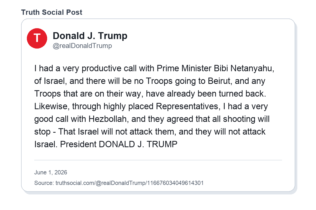 President Trump Truth Social post on Israel and Hezbollah agreeing to stop shooting