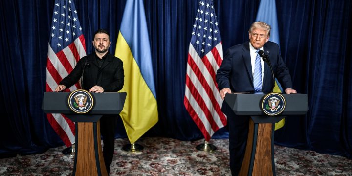 President Trump and Ukrainian President Volodymyr Zelenskyy speak at podiums with U.S. and Ukrainian flags behind them.