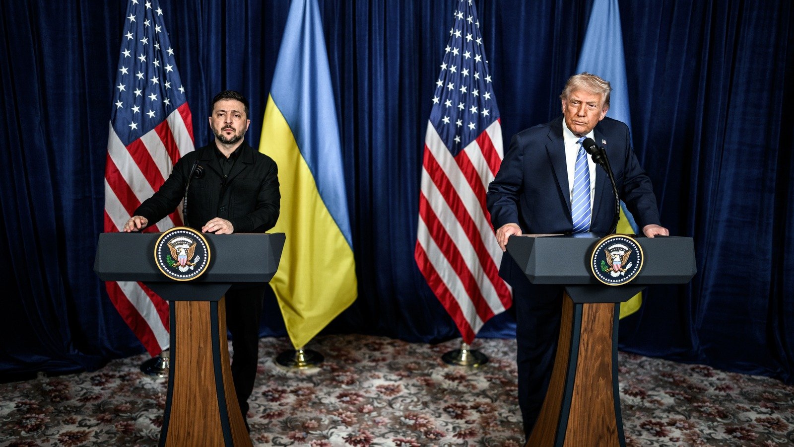 President Trump and Ukrainian President Volodymyr Zelenskyy speak at podiums with U.S. and Ukrainian flags behind them.