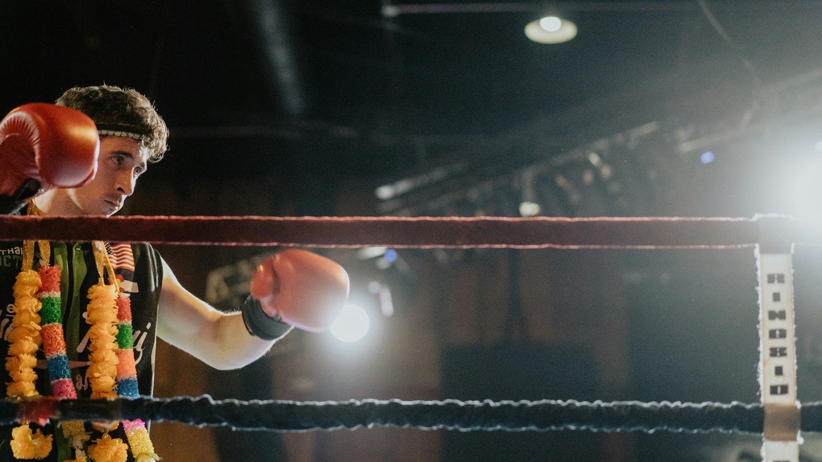 Rights-safe Unsplash photo of a combat sports fighter wearing red gloves in a ring under bright lights