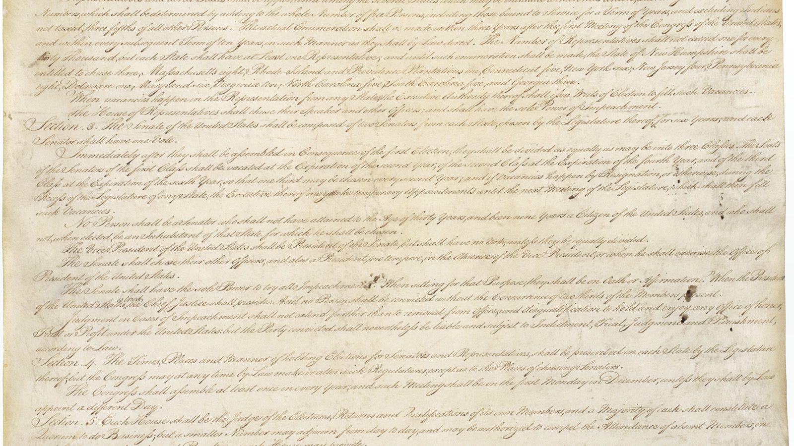 Page one of the U.S. Constitution showing the presidential qualifications section