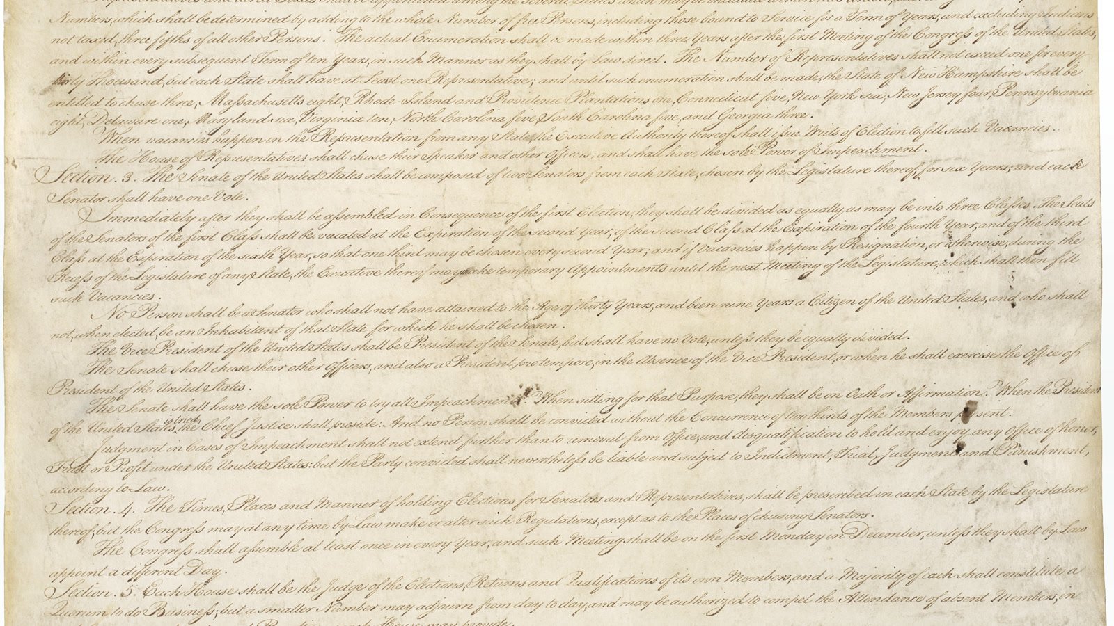 Page one of the U.S. Constitution showing the presidential qualifications section