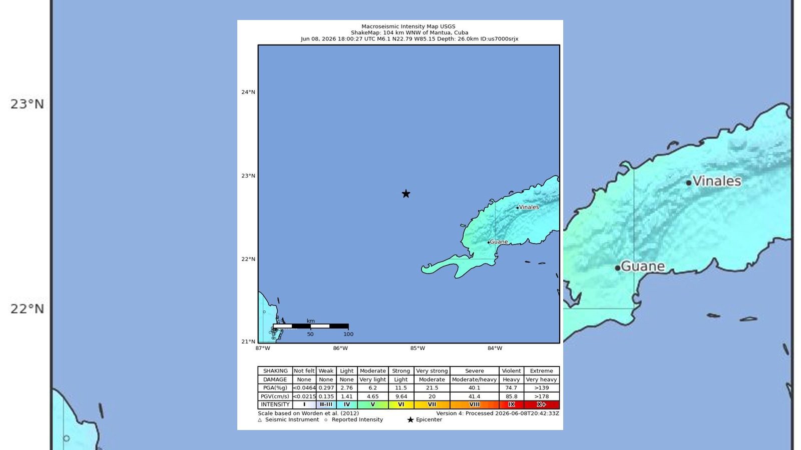 USGS ShakeMap for the magnitude 6.1 earthquake west-northwest of Mantua, Cuba