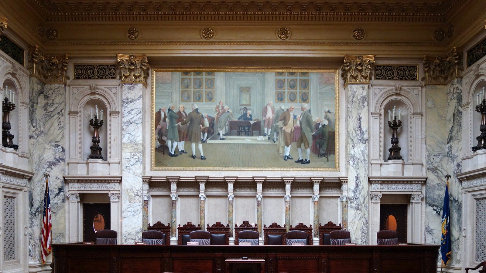 Public domain Wikimedia Commons photo of the Wisconsin Supreme Court courtroom inside the Wisconsin State Capitol