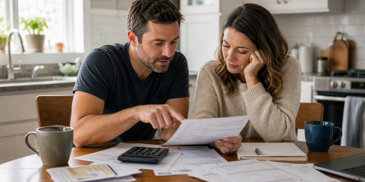 Couple reviewing household bills and credit card statements at a kitchen table